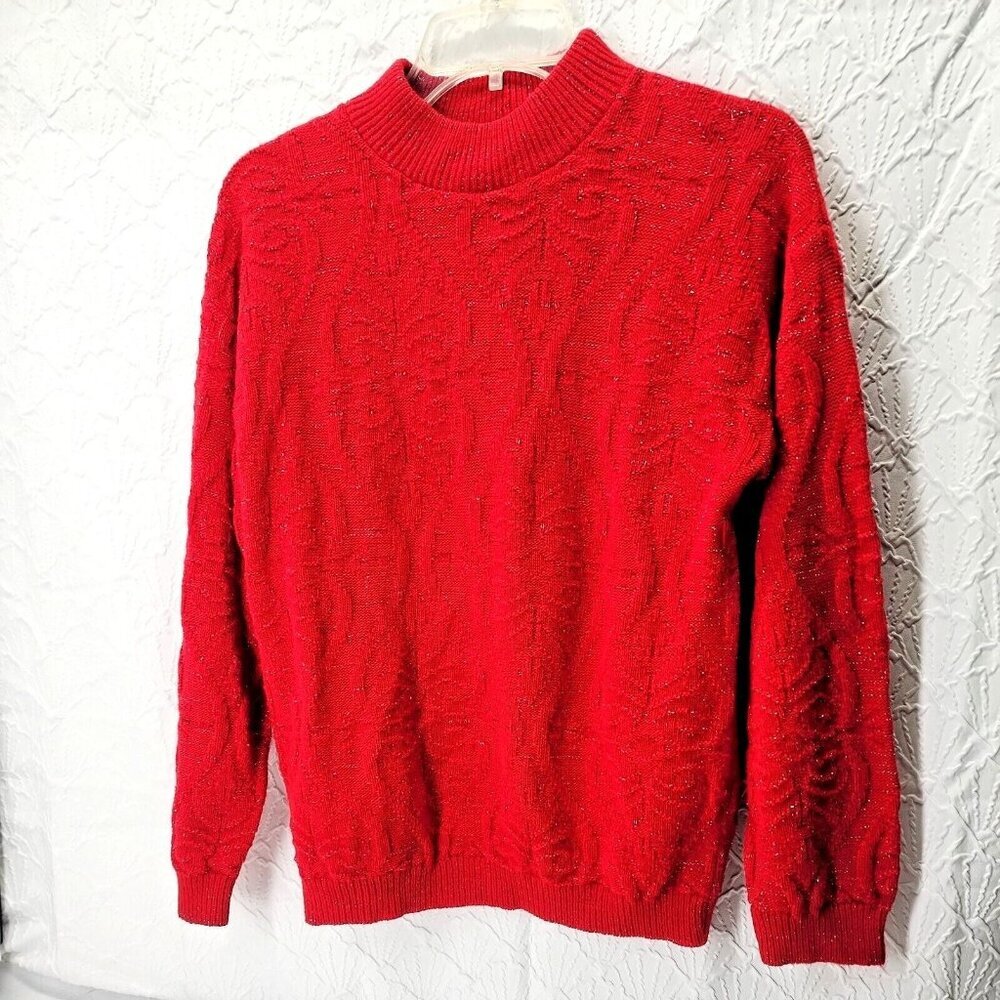 VINTAGE Rose ~ Red Metallic Floral Textured Knit Sweater Womens small USA